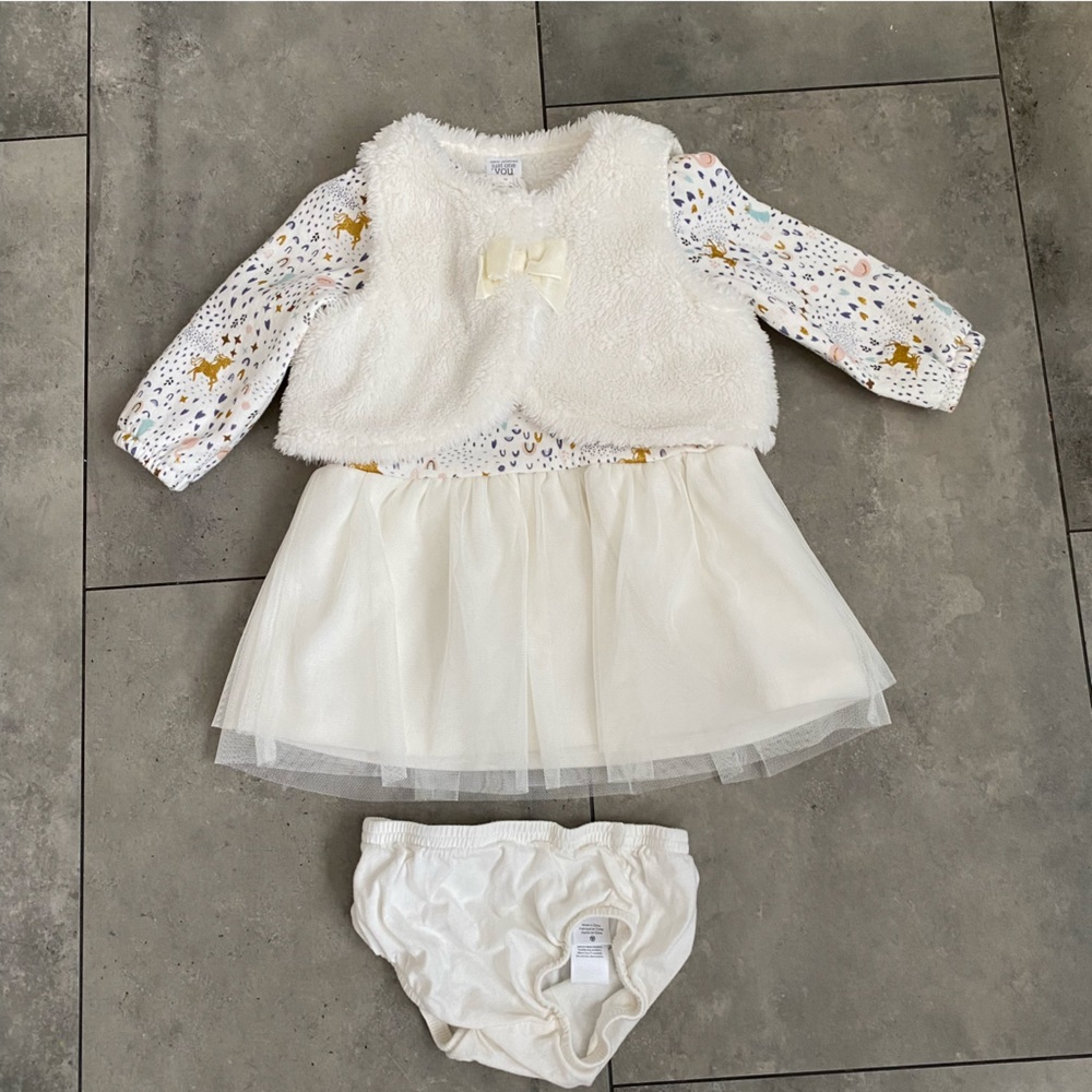 NWOT carters just one you white winter dress tulle with faux fur vest 9months